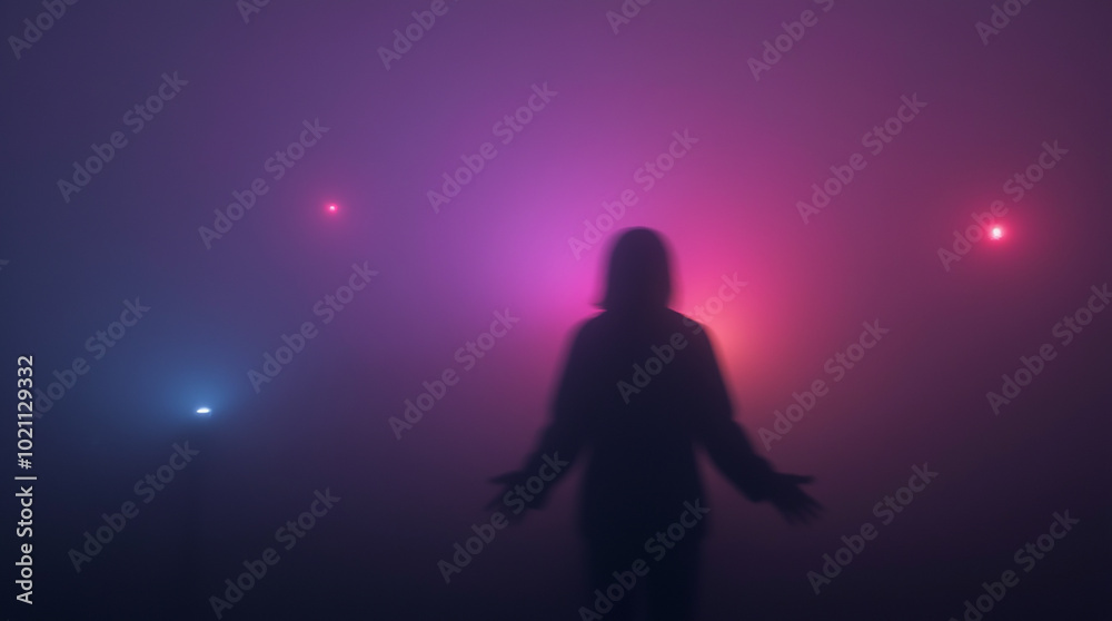 Mysterious blurred silhouette of a man against a background of fog with multi-colored neon lights Mysterious blurred silhouette of a man against a background of fog with multi-colored neon lights