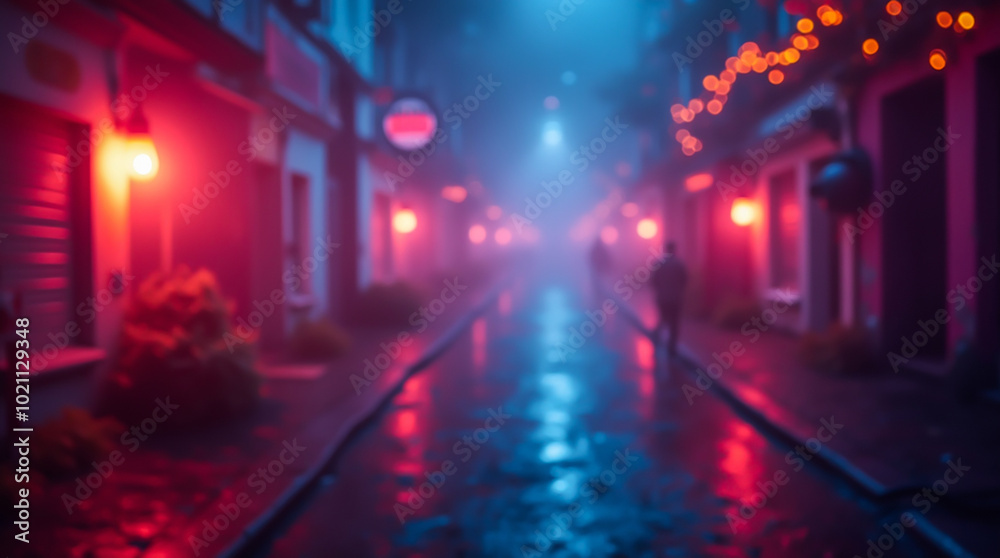 Foggy street with red lanterns and blurry silhouettes of people in the background creating a mystical atmosphere Foggy street with red lanterns and blurry silhouettes of people in the background creating a mystical atmosphere