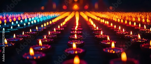 A temple illuminated with rows of diyas and colorful lights during Diwali, capturing the spiritual and festive ambiance of the celebration