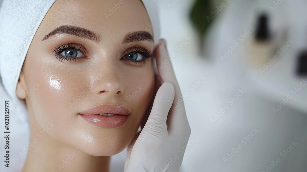 Closeup Portrait of Elegant Woman with Flawless Skin and Subtle Makeup Against White Background