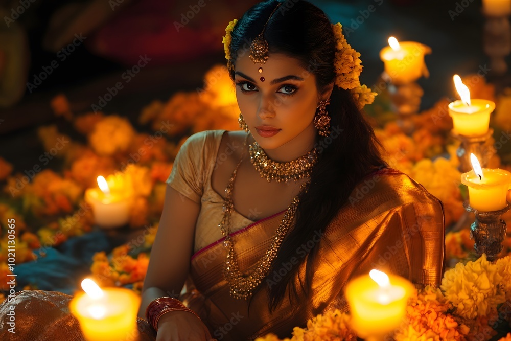 Indian Woman in Golden Sari with Festive Candlelight Glow Indian Woman in Golden Sari with Festive Candlelight Glow