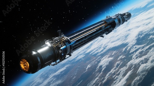 A futuristic spacecraft orbiting Earth, highlighting advanced technology in a vibrant space setting.