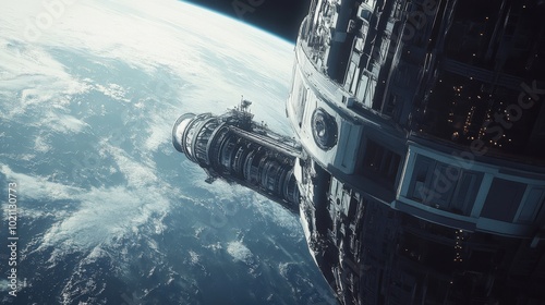 Fototapeta Naklejka Na Ścianę i Meble -  Futuristic space station orbits Earth, showcasing advanced technology and engineering excellence.