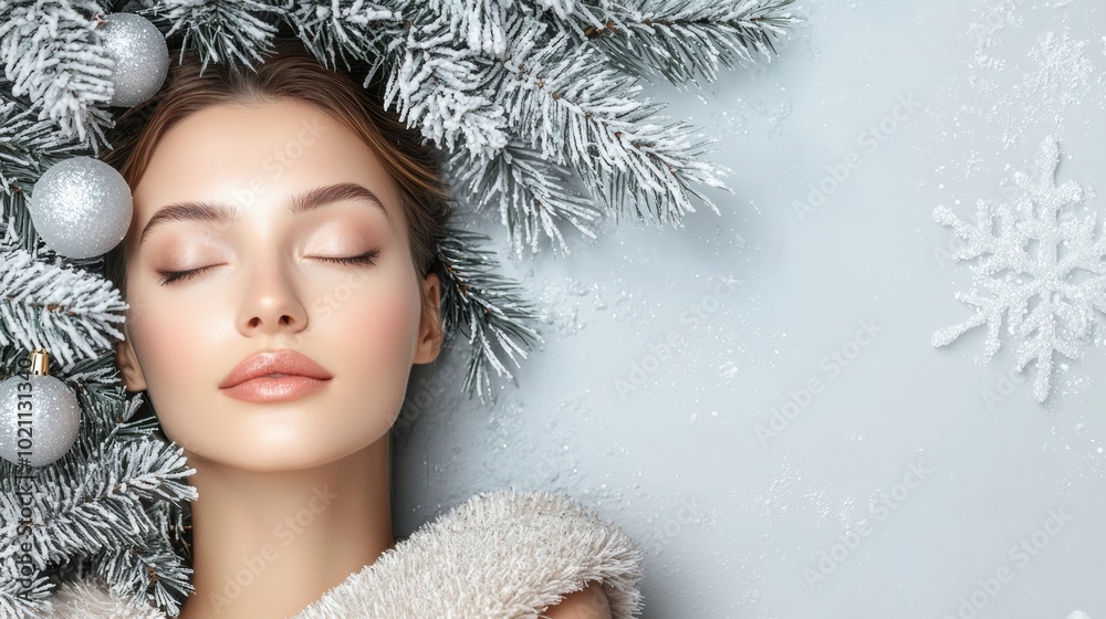 Peaceful Winter Scene with Snowy Tree Branches and Christmas Ornaments