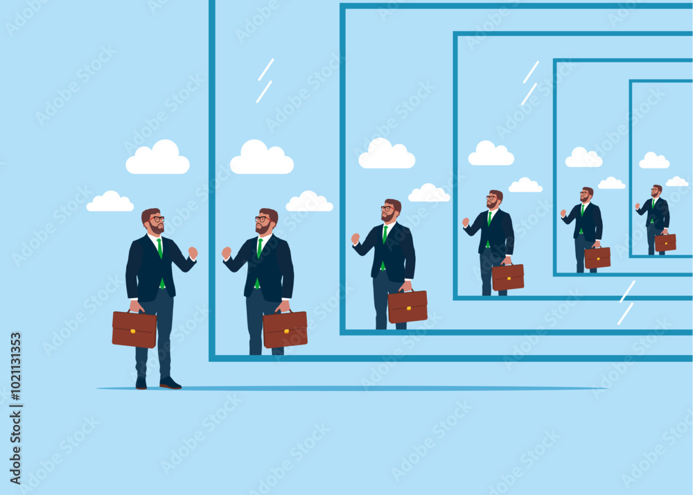 Army. Self confidence. Businessman reflecting himself in the mirror, loop surreal concept. Flat vector illustration Army. Self confidence. Businessman reflecting himself in the mirror, loop surreal concept. Flat vector illustration