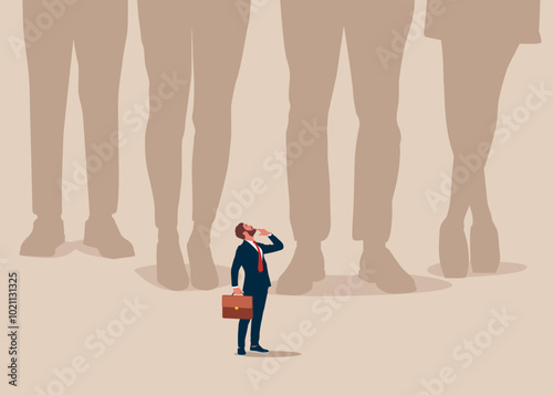 Small businessman standing under giant business people. Survive recession. Career growth and opportunities. Flat vector illustration
