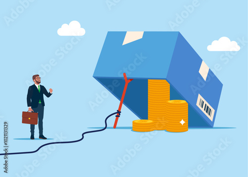 Businessman standing next to a trap with pile of coins. Trap made out of a box and a rope tide to a stick. Flat vector illustration
