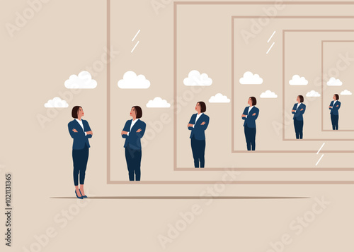 Army. Self confidence. Woman reflecting himself in the mirror, loop surreal concept. Flat vector illustration