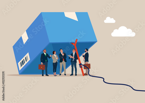 Trap with business people. Punishment with no freedom in business. Trap made out of a box and a rope tide to a stick. Flat vector illustration