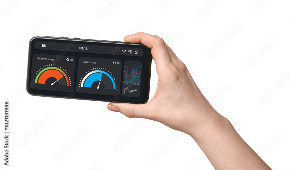 Woman monitoring smart meter readings on mobile phone on white background, closeup Woman monitoring smart meter readings on mobile phone on white background, closeup