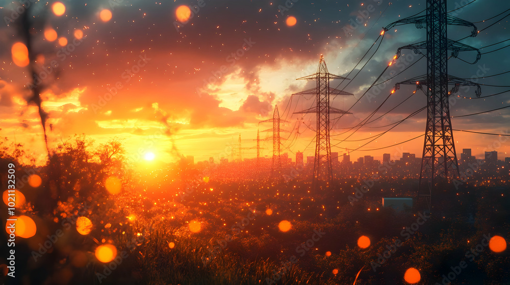 Obraz premium Sunset Cityscape with Power Lines Illustration