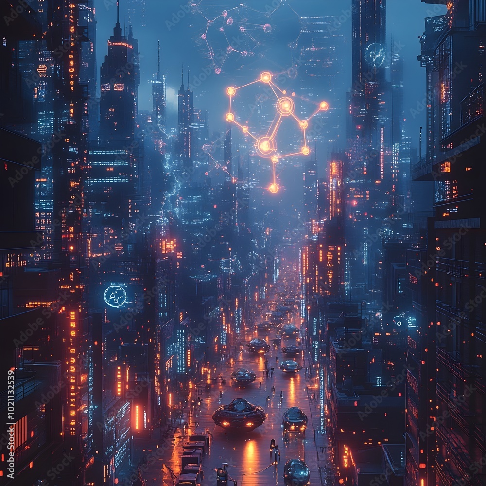 Obraz premium Dystopian futuristic cityscape shrouded in a haze of holographic data and molecular structures projected onto the skyscrapers with neon lit streets bustling with hover vehicles and pedestrians