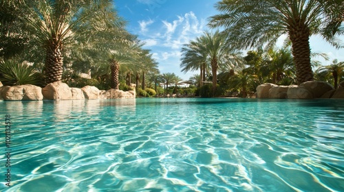 Serene Oasis in Unseen Thailand - Tranquil Desert Landscape with Palm Trees and Sparkling Blue Pool for Refreshing Escape, Ultra Detailed View