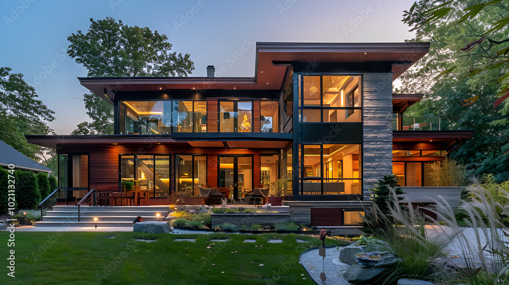 A modern house and its outdoor features in the warm embrace of daylight, with the clear blue sky providing a stunning backdrop A modern house and its outdoor features in the warm embrace of daylight, with the clear blue sky providing a stunning backdrop