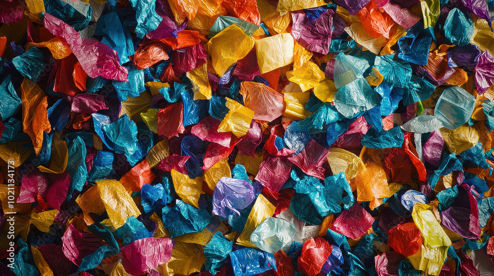 An array of vividly colored plastic bags crumpled together creating a chaotic yet visually captivating abstract design, symbolizing modern pollution challenges. An array of vividly colored plastic bags crumpled together creating a chaotic yet visually captivating abstract design, symbolizing modern pollution challenges.