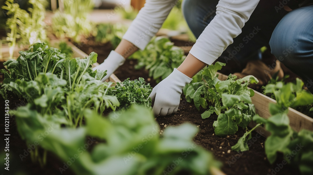 Fototapeta premium .Person tending to leafy greens in a home vegetable garden