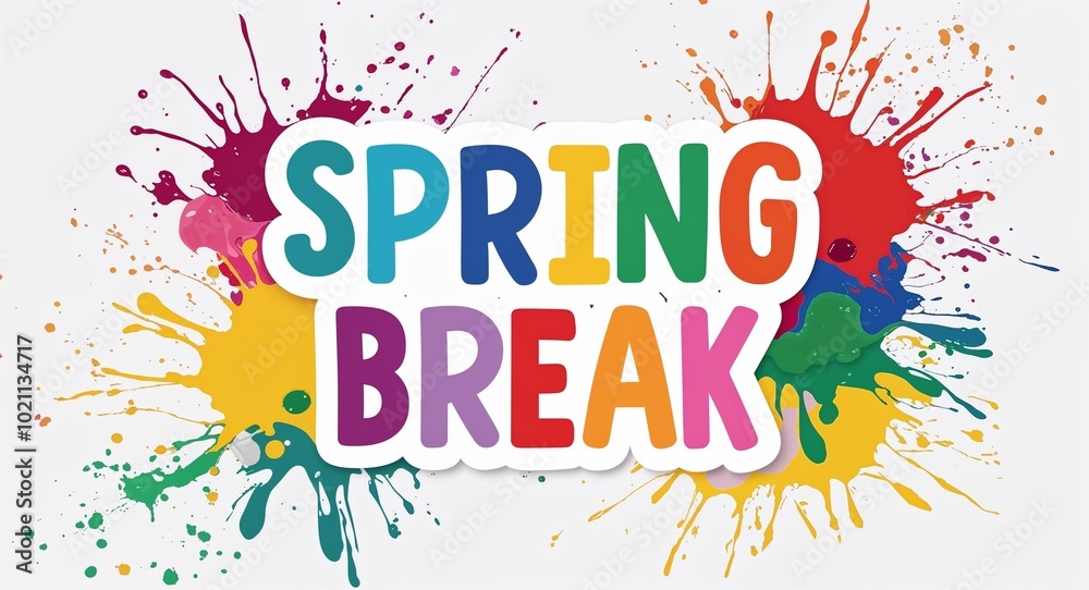 Obraz premium spring break word lettering on colorful paint watercolor splash on plain white background
