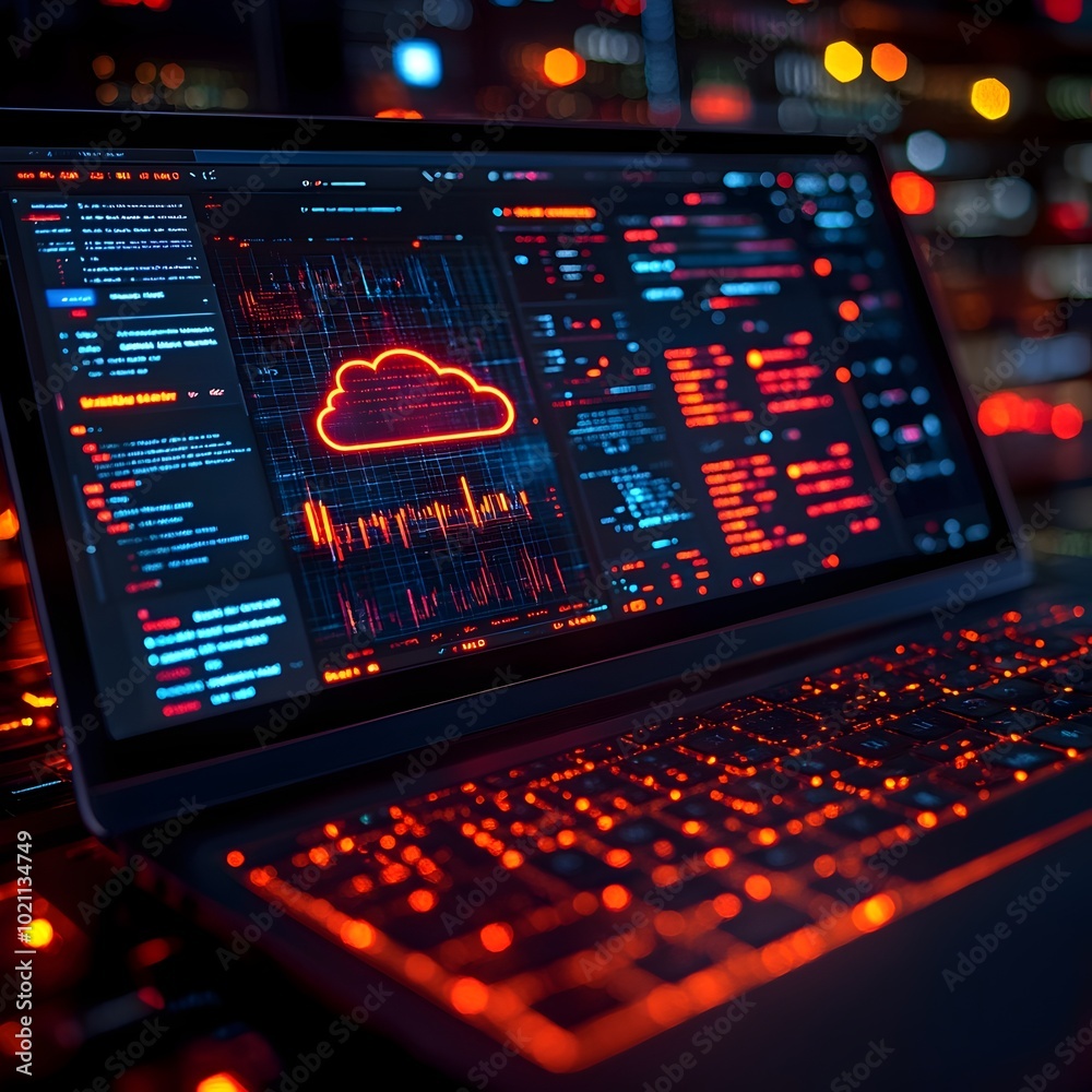 Fototapeta premium Macro view of a cloud computing dashboard on a laptop displaying the seamless uploading of documents to vast remote data repositories