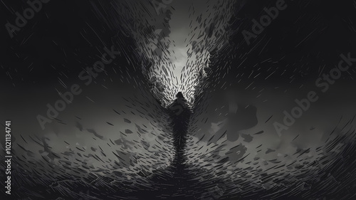 A lone figure's silhouette disintegrating into a dark void, symbolizing the feeling of hopelessness and emotional collapse.