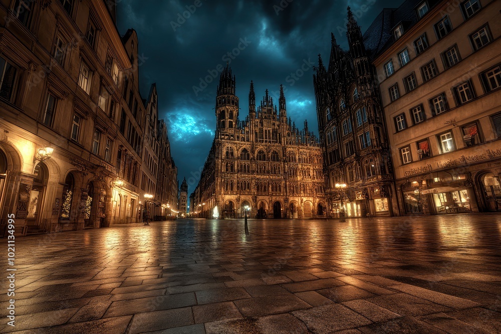 Fototapeta premium Marienplatz at night, Munich, Germany. Creepy mystery view of dark Gothic City Hall with bats. Spooky old castle or palace on full moon. with generative ai