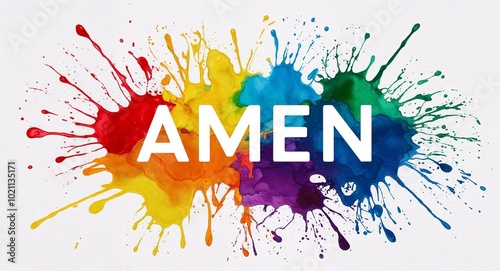 amen word lettering on colorful paint watercolor splash on plain white background photo