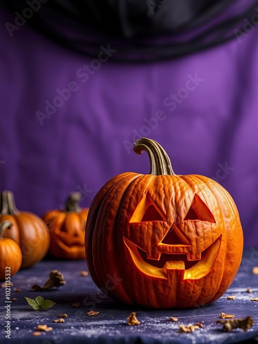 Festive season halloween and decor concept - carved pumpkin on a table with purple backdrop halloween backdrop photo