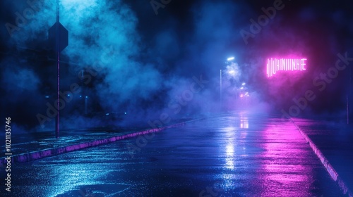 Rainy Neon Lit City Street at Night with Dramatic Reflections and Moody Atmosphere