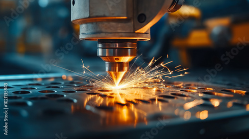 Close-up of CNC laser metal cutting, sparks flying, Modern industrial technology, Realistic shot in challenging conditions photo