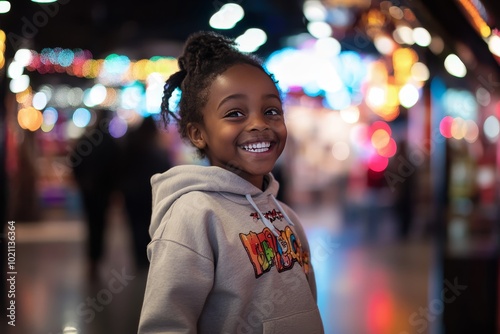 A young black girl happily shopping at a mall during the Black Friday carnival. The girl was dressed in a  sweatshirt and jeans, as if he had just found a lot of good things from the discount section. photo