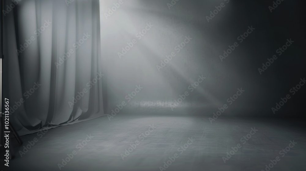 Empty gray photo studio with spotlight and draped curtain. Concept of photography setup, studio lighting, and professional background. Empty gray photo studio with spotlight and draped curtain. Concept of photography setup, studio lighting, and professional background.