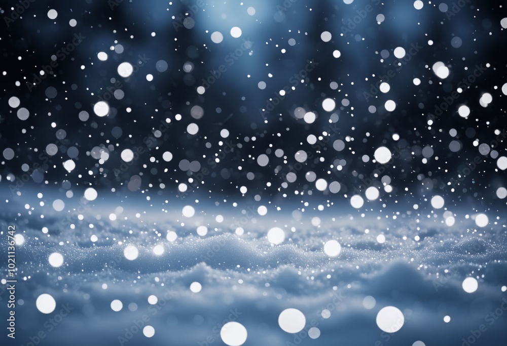 Fototapeta premium Winter snowfall landscape. Falling white snowflake bokeh. Snow surface. Festive background for Merry Christmas, Happy New Year, holiday, party. Beautiful natural frosty backdrop. Card, poster. 