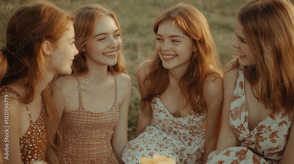 Obraz premium Friends having a picnic outdoors, all wearing dresses in various styles, laughing and enjoying the moment, [Wear a Dress Day], [friendship and style], ,