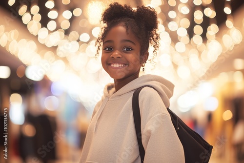 A young black girl happily shopping at a mall during the Black Friday carnival. The girl was dressed in a  sweatshirt and jeans, as if he had just found a lot of good things from the discount section. photo