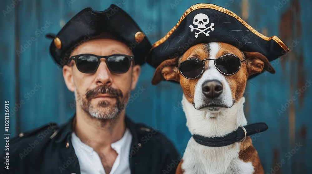 An owner and their dog dressed as matching pirates, complete with hats and eye patches, ready for a themed party, [National Twin With Your Dog Day], [costume fun], ,