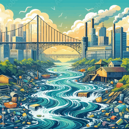 Polluted river passing through an urban landscape, with bridges vector illustration 