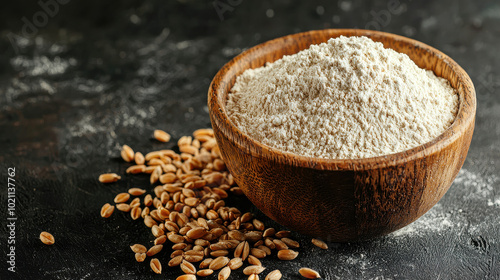 A beautifully crafted wooden bowl overflows with flour, surrounded by raw grains, conveying naturalness and the tradition of artisanal cooking and baking.