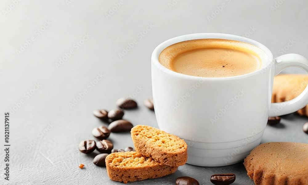 Freshly brewed espresso in a small cup with a side of biscotti and coffee beans scattered around