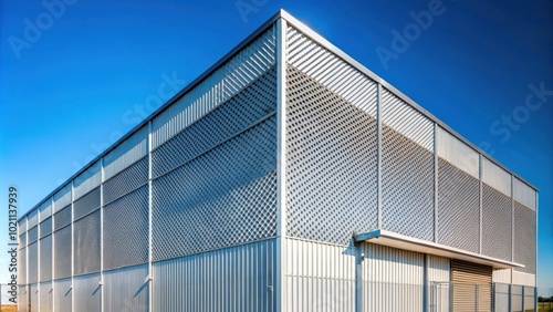 Modern industrial building with a geometric patterned facade and blue sky