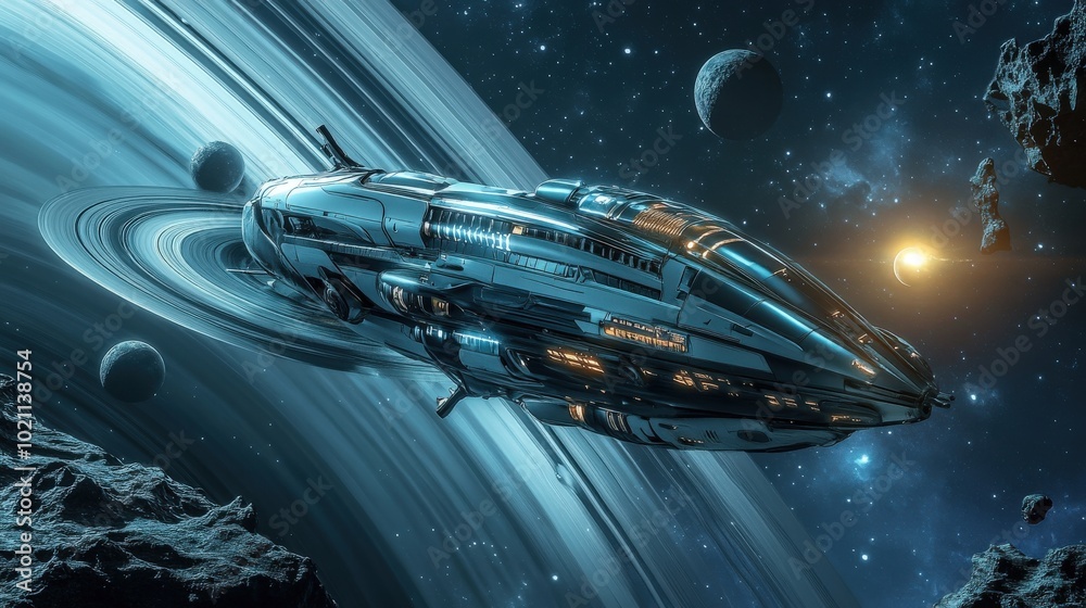 Fototapeta premium Futuristic spaceship navigating the cosmic space near a ringed planet, surrounded by stars and moons.