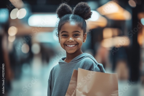 A young black girl happily shopping at a mall during the Black Friday carnival. The girl was dressed in a  sweatshirt and jeans, as if he had just found a lot of good things from the discount section. photo