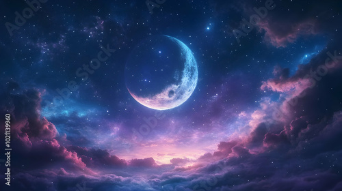 Night Sky Illustration with Crescent Moon and Stars