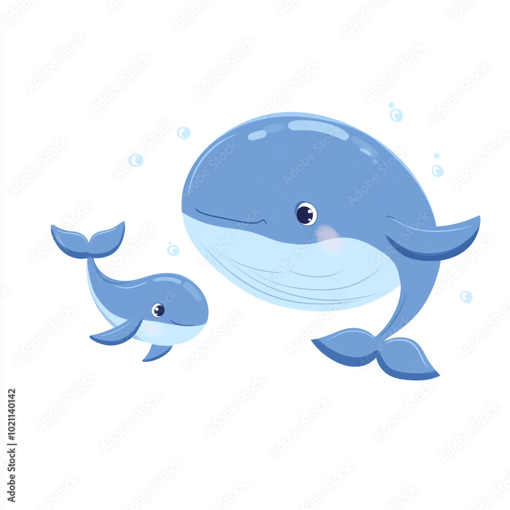 A cute cartoon whale is swimming. Simple illustration with a white background.