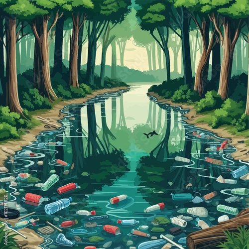 polluted river running through a dense forest, where trees are reflected in the water illustration 