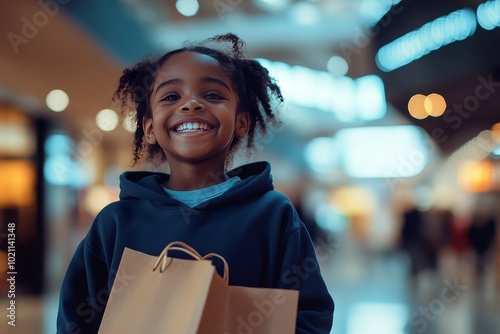 A young black girl happily shopping at a mall during the Black Friday carnival. The girl was dressed in a  sweatshirt and jeans, as if he had just found a lot of good things from the discount section. photo