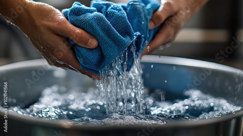 Hands tightly squeezing water out of a wet mop cloth, water pouring into a bucket as part of a cleaning routine.