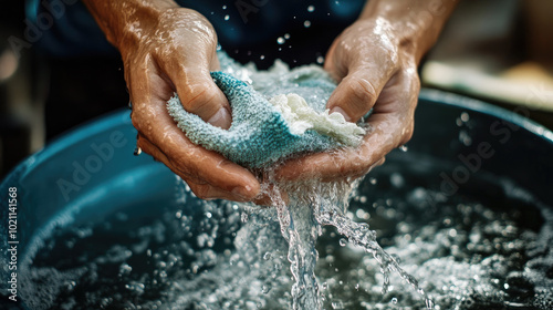 Hands tightly squeezing water out of a wet mop cloth, water pouring into a bucket as part of a cleaning routine. photo