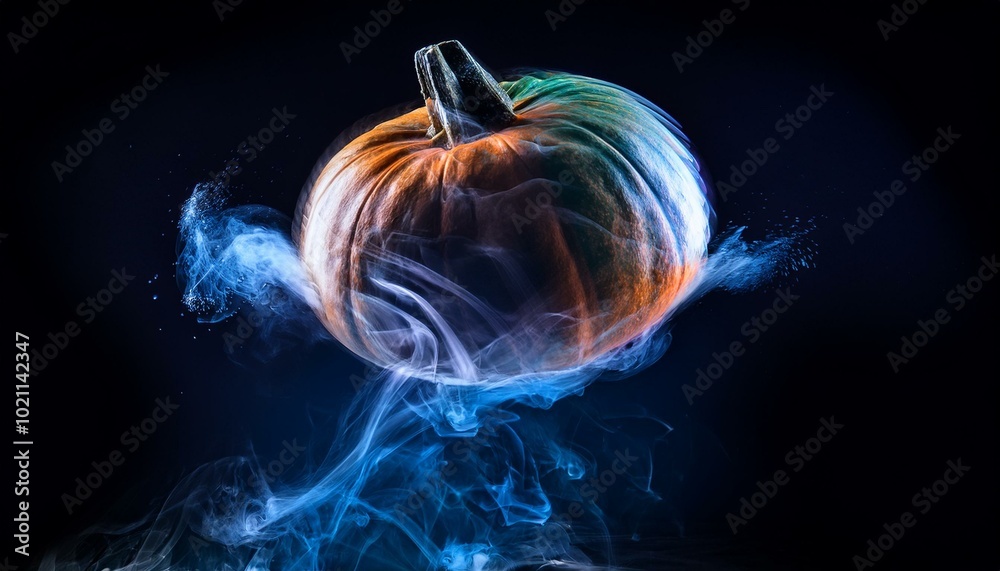 Naklejka premium A radiant pumpkin glowing with vibrant neon hues and swirling lights, exuding a mystical aura—an enchanting blend of artistry and fantasy, perfect for Halloween nights.