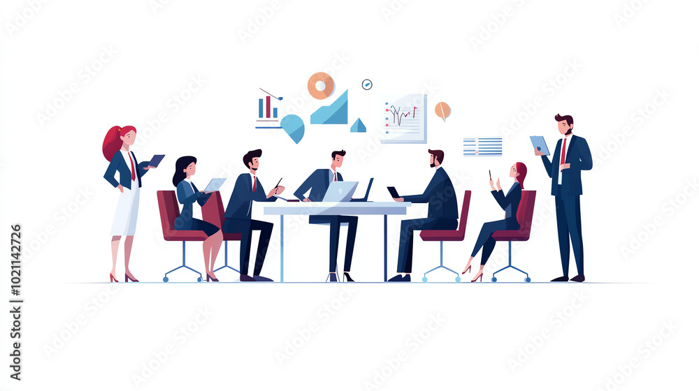 A diverse group of professionals engaged in a meeting, discussing insights and strategies in a modern office setting, featuring charts and graphs. A diverse group of professionals engaged in a meeting, discussing insights and strategies in a modern office setting, featuring charts and graphs.