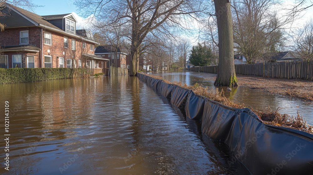 Fototapeta premium Flood Barriers Protect Homes from Rising Waters