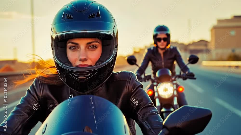 Two women on motorcycles pause during a sunset ride. Both wear protective helmets and leather jackets, capturing a sense of adventure and freedom.